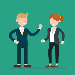 business woman and businessman character go to work together flat cartoon vector illustration