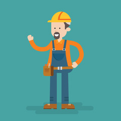 construction worker character with tools flat cartoon vector illustration