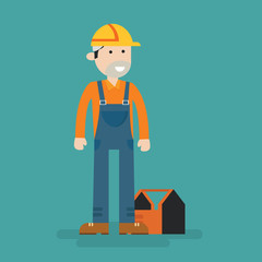 construction worker character with tools flat cartoon vector illustration