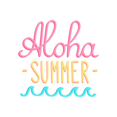 The lettering Aloha summer, in a trendy calligraphic style, with abstract wave. It can be used for card, mug, brochures, poster, t-shirts, phone case etc. Vector Image.