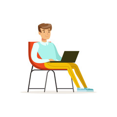 Fototapeta na wymiar Smiling businessman sitting on a chair and working with laptop, coworking space vector Illustration