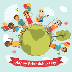 International Day of Friendship. Vector illustration for holiday. Children hold hands and smile.