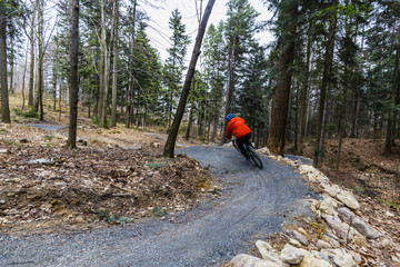 Obraz premium Mountain biker riding on bike in early spring mountains forest landscape. Man cycling MTB enduro flow trail track. Outdoor sport activity.