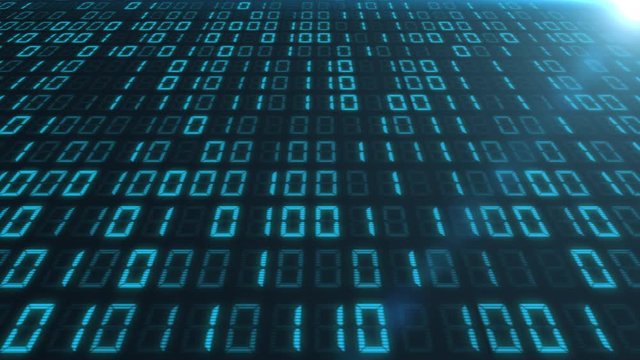 Screen of blue binary code moving from left to right, seen from above at an angle. Seamlessly loopable animation.