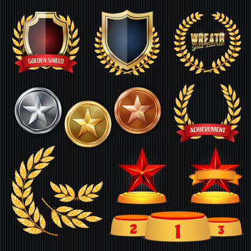 Vector Awards And Trophies Collection. Golden Badges And Labels. Championship Design. 1st, 2nd, 3rd Place. Golden, Silver, Bronze Achievement. Badge, Medal.