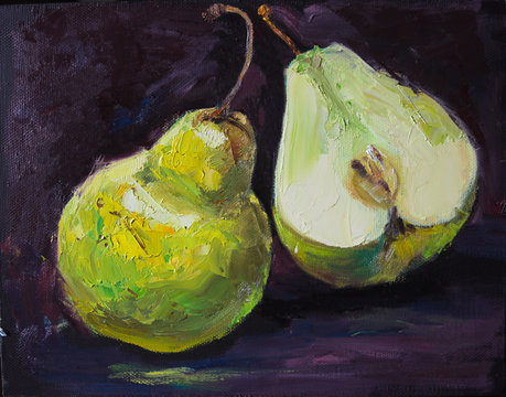 Green pears, one whole and one half-cut, on black background, original oil painting still life on canvas