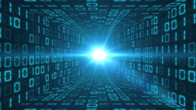 Sliding through a tunnel of binary code with a bright blue light at the end. Seamlessly loopable animation.