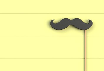 Fake black mustache on yellow wooden board, 3D rendering