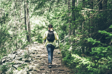 Young lady hiker with backpack walking in carpathian