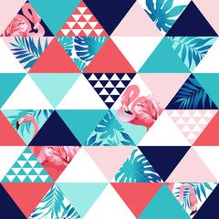 Exotic beach trendy seamless pattern, patchwork illustrated floral vector tropical banana leaves. Jungle pink flamingos Wallpaper print background mosaic