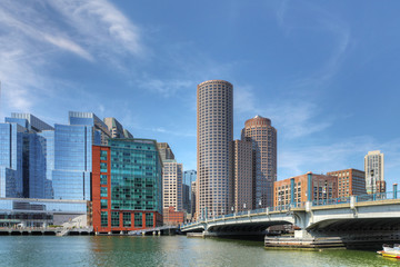 Fototapeta na wymiar View of the Boston harbor skyline on a sunny day