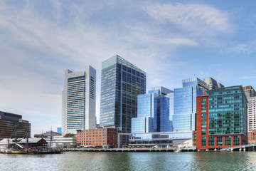 View of the Boston harbor skyline on a clear day
