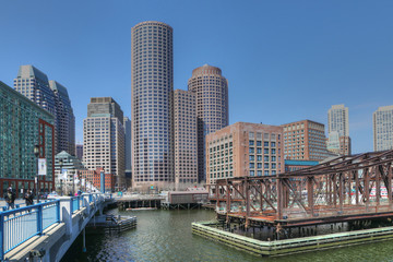 Fototapeta na wymiar View of the Boston harbor skyline on a beautiful day