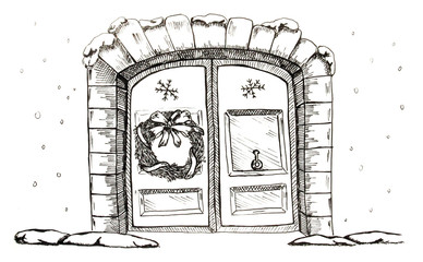 Hand draw door with Christmas wreath by ink pen