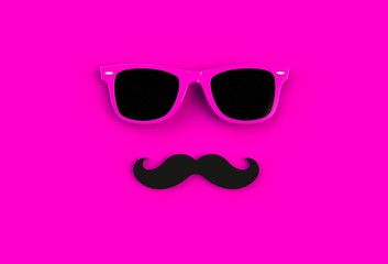 Father's day concept. Hipster pink sunglasses and funny moustache on pink background, 3D rendering