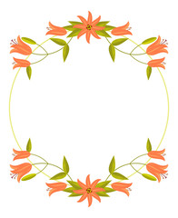 Round decorative frame with abstract orange flowers. Vector clip art.