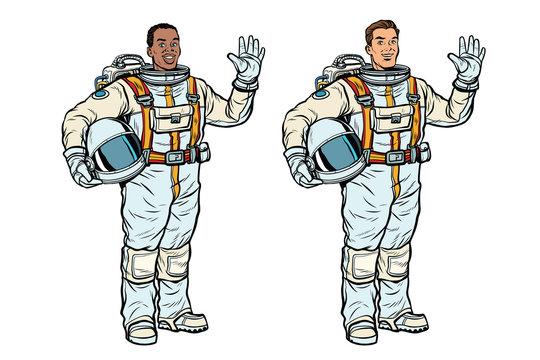 African and Caucasian astronauts in spacesuits