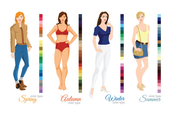 Vector illustration of seasonal color palette for spring, summer, winter and autumn type. Woman in different clothes