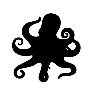 Black isolated silhouette of octopus on white background.