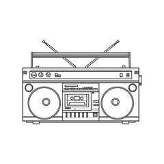 Old fashioned, retro style audio tape recorder, ghetto boom box from 90s, sketch vector illustration isolated on white background. Front view of hand drawn audio tape recorder, boom box