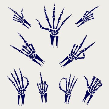 Skeleton hands signs on grey background, vector illustration