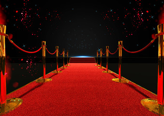 Fototapety  long red carpet between rope barriers with stair at the end