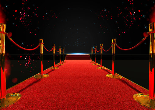 long red carpet between rope barriers with stair at the end