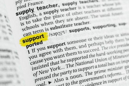 Highlighted English word "support" and its definition at the dictionary