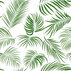 Fototapeta na wymiar Seamless hand drawn tropical pattern with palm leaves, jungle exotic leaf on white background