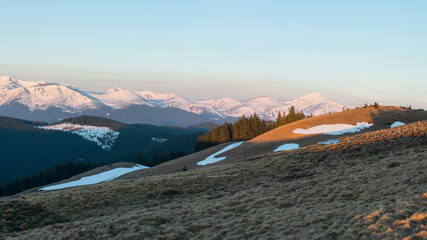 Snowy mountains hiking active tourism sports recreational idyllic view harmony nature. Picture...