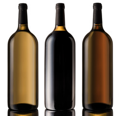 Set of white, rose, and red wine bottles. isolated on white background. Clipping path included.