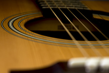 Detail of guitar. View on guitar strings. Wooden musical instrument.