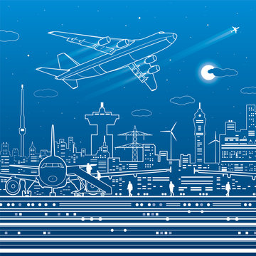 Aviation infrastructure. Airport scene, airplane fly, people get on the plane. Night city on background, vector design art
