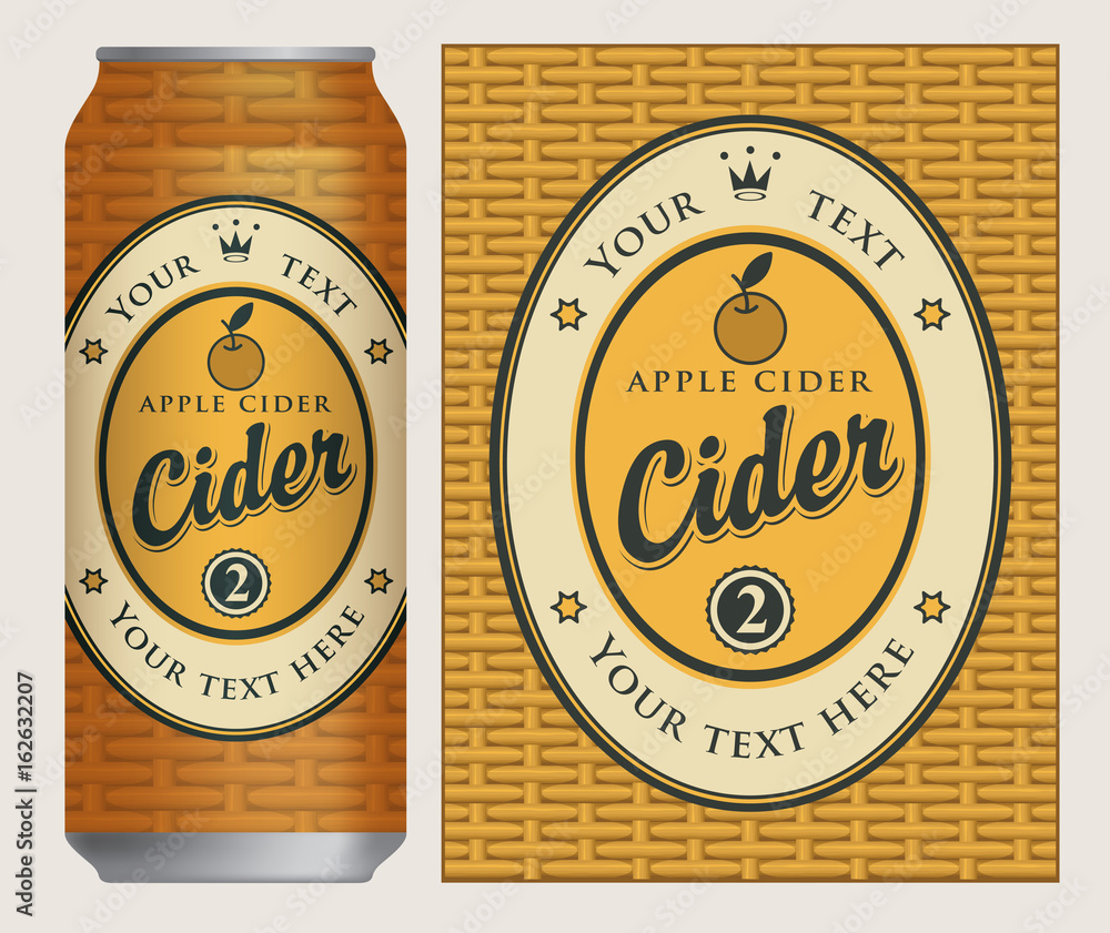 Poster vector label for apple cider in an oval frame with an apple and a crown on basket background. templa