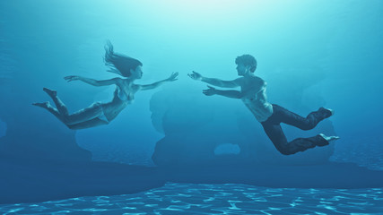 Dancing couple under water