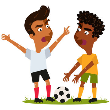 Vector illustration of two cartoon soccer players disagreeing and gesturing whilst standing on football field isolated on white background