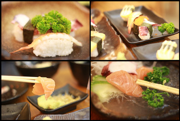 Collage close-up shot of traditional fresh japanese sushi rolls at restaurant