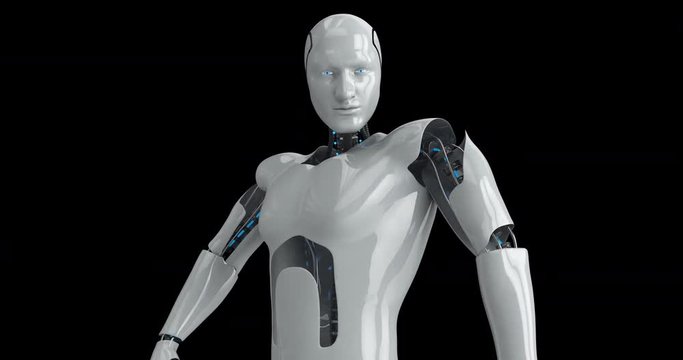 Humanoid futuristic male robot turning slowly. 4K+ 3D animation with luma channel.