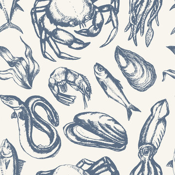 Delicious Seafood - hand drawn seamless pattern