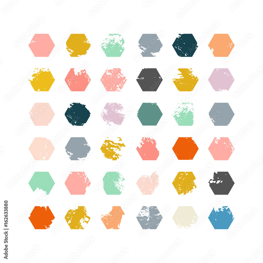 Poster modern vector background with hand drawn colorful ink brush strokes in hexagons. icons or logo desig