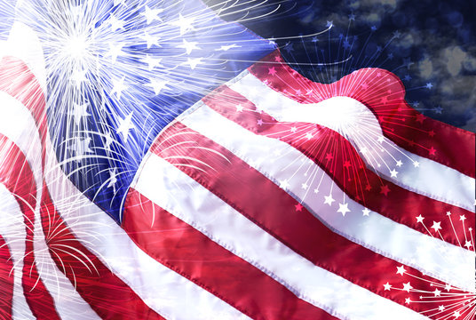 America flag with firework background for USA 4 july independence day