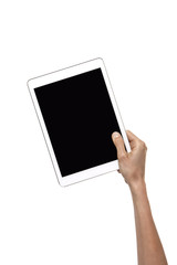 Hand holding a tablet isolated on white