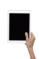 Fototapeta na wymiar Hand holding a tablet isolated on white
