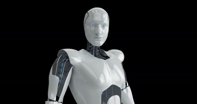 Humanoid futuristic male robot turning his head slowly. 4K+ 3D animation with luma channel.