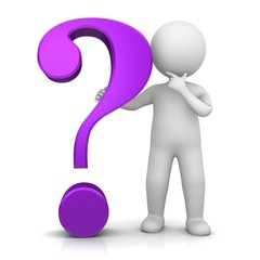 question mark 3d purple lila violet interrogation point asking sign punctuation mark with standing thinking stick man isolated on white background for business presentation and print