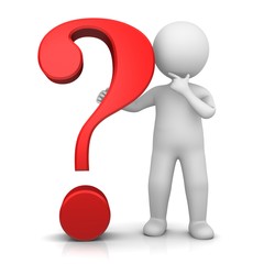 question mark 3d red interrogation point asking sign punctuation mark with standing thinking stick man isolated on white