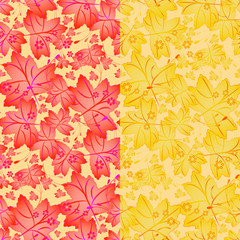 Seamless autumn pattern with maple leaves in two variants of red and yellow colors. Vector illustration