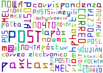 Colored seamless pattern with hand drawn words POST in different languages in postal style. Vector illustration