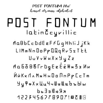 Hand drawn alphabet, written font in postal style: capital and lower latin and cyrillic letters, numbers and some punctuation. Vector illustration