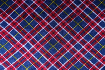 Checked plaid fabric in red, blue and white from above